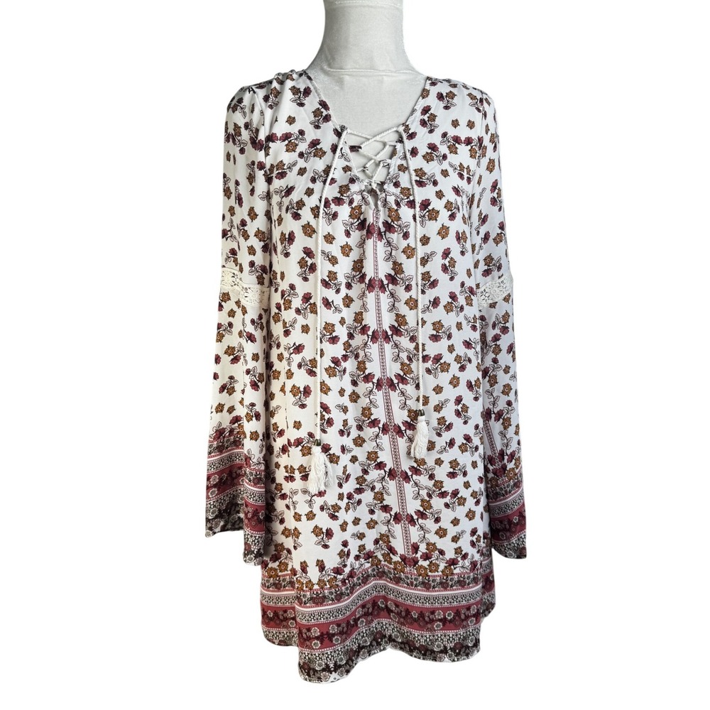Hint of Mint Boho Floral Lace Up Tassel Bell Sleeve Tunic Dress White Large